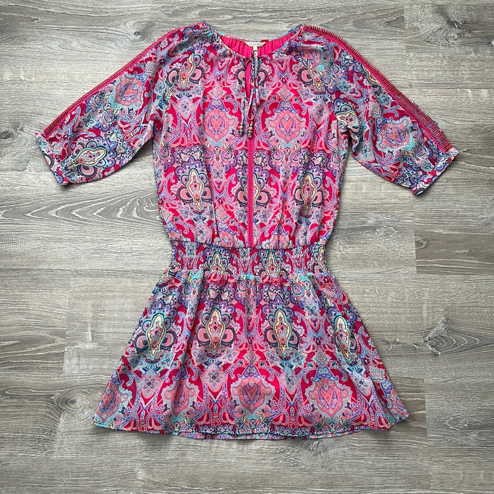 ESQUALO Bright Pink Paisley Printed Cinch Waist Embroidered Mini Dress NWT